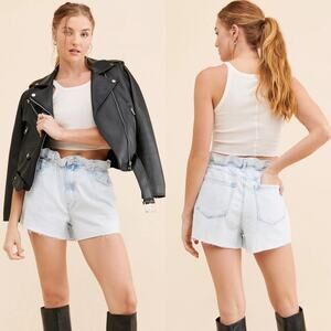 Good American Womens Paperbag Cutoff Shorts Size 12 / 31 Light Denim High Rise‎